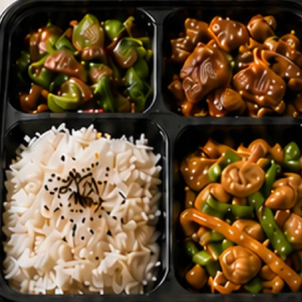 Lunchbox mit Reis und Tagesgericht