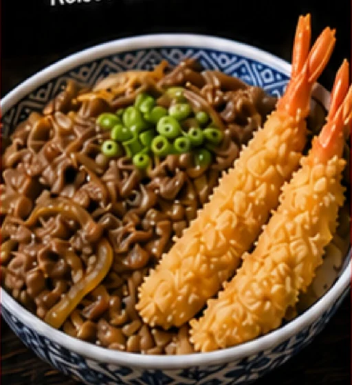 Japanisches Gyudon: Rindfleisch auf Reis mit zwei gebackenen Garnelen